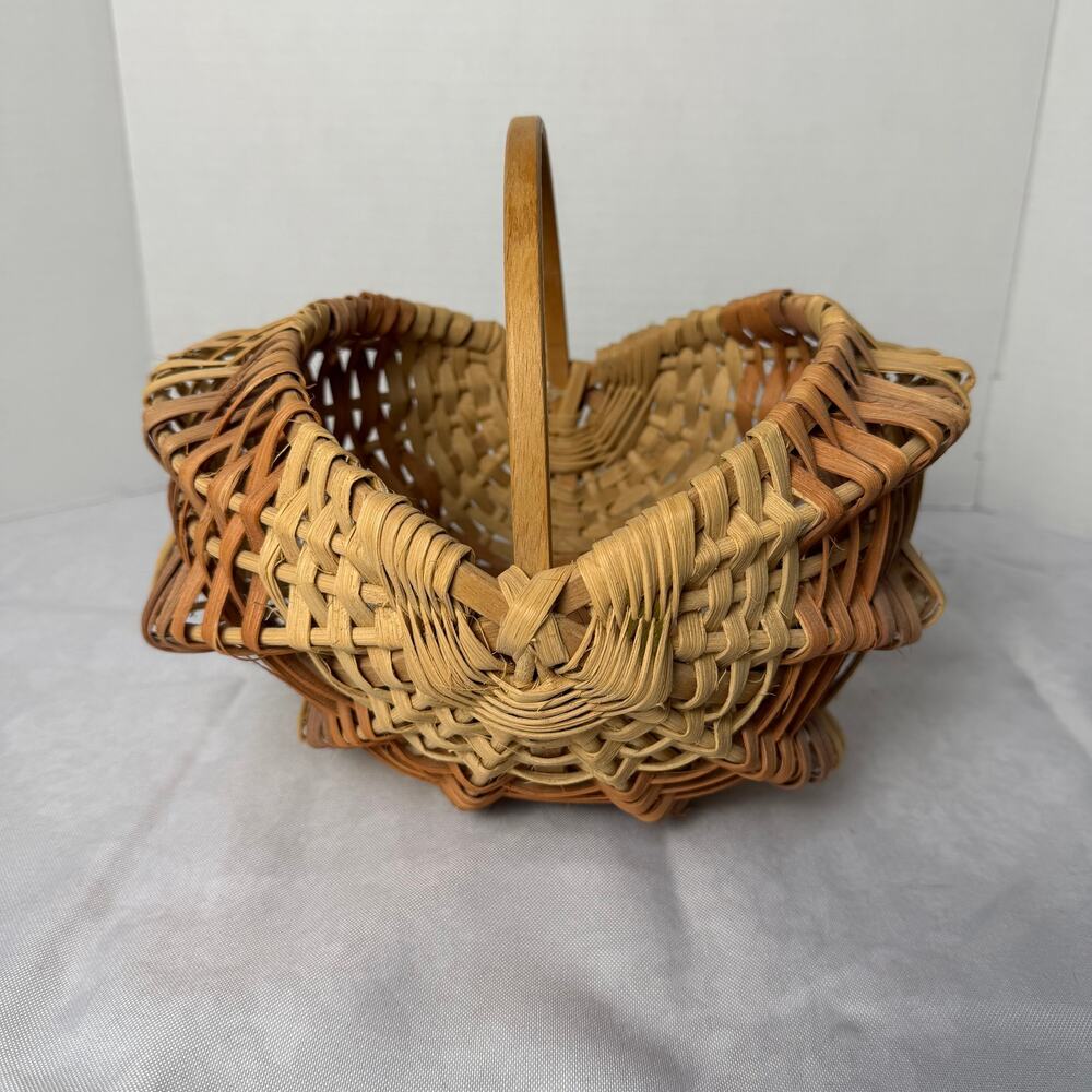 Handwoven Star Base Flat Reed Basket Two Tone Open Weave Bentwood Handle Artisan